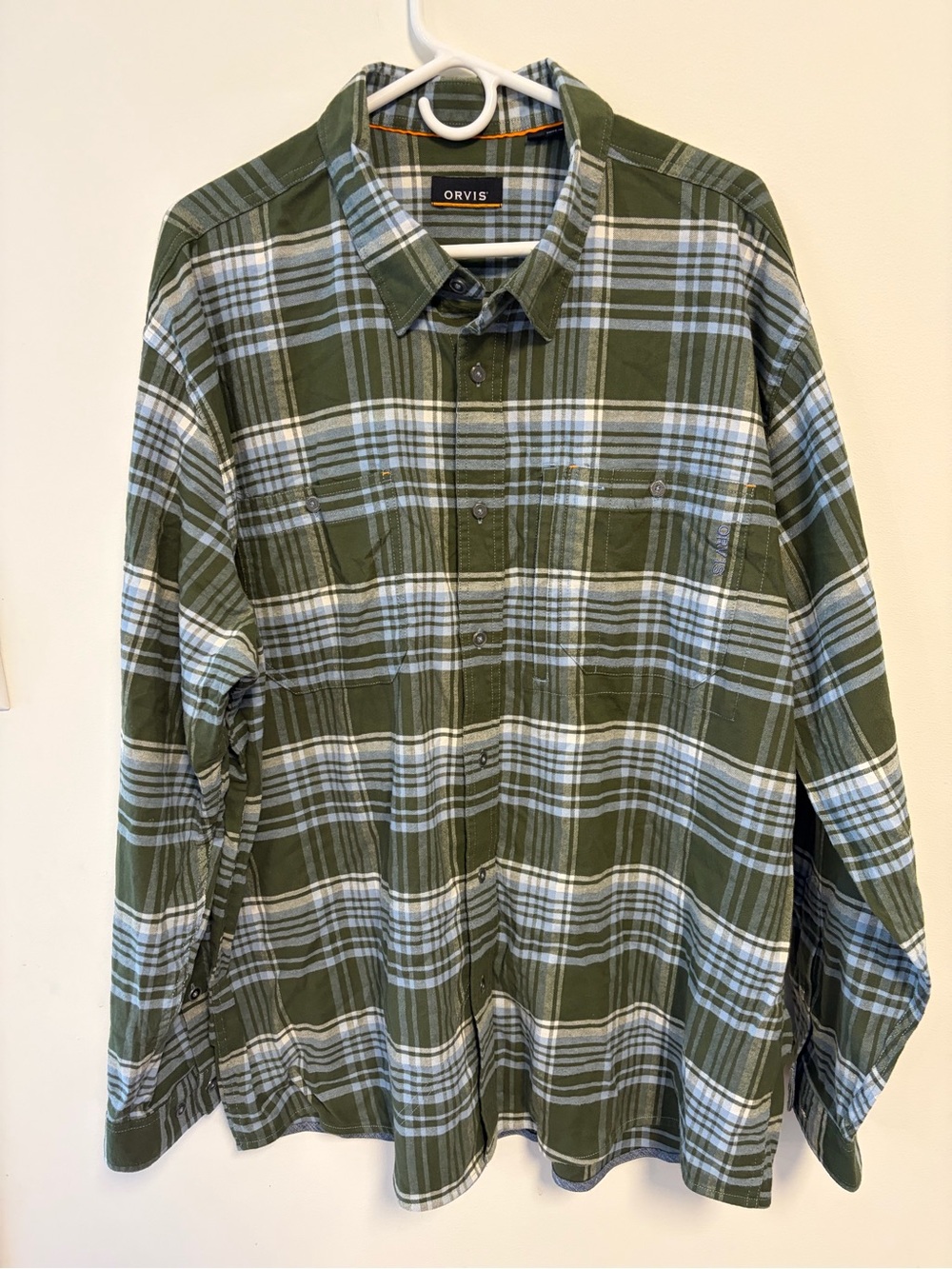 Orvis Flat Creek Tech Flannel Shirt Mens XXL Plaid Button Down Zipper Pocket